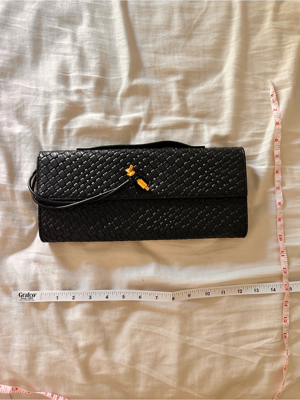 Woven Black Leather Wristlet Clutch with Gold Accent